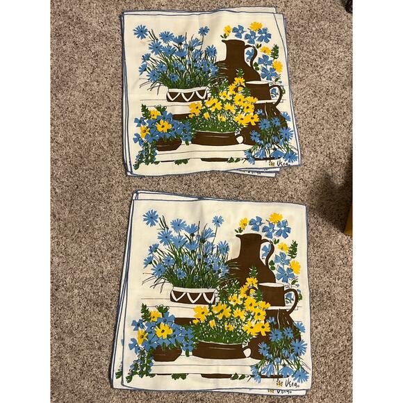 Vera Neumann Floral Cotton Napkin Brown Yellow Blue Jugs Pots Flowers 10 - Picture 1 of 3